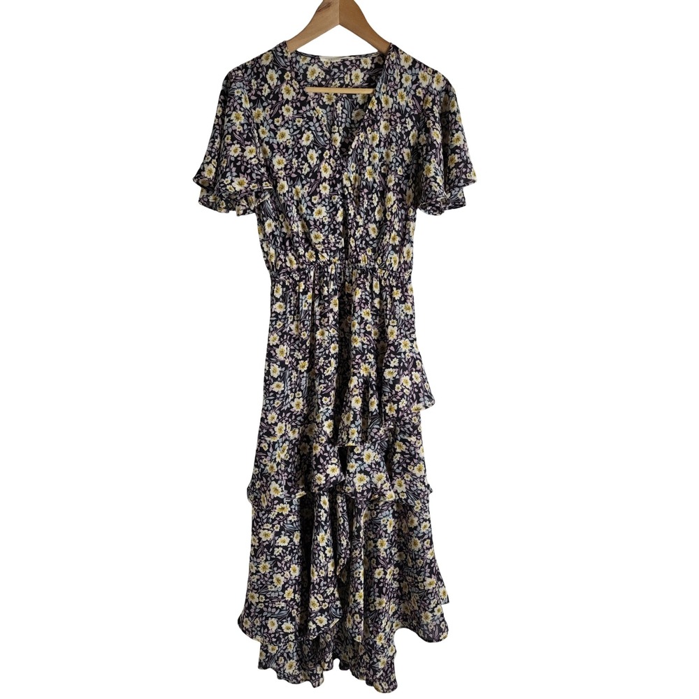 Lovestitch Floral Ruffle Tiered Midi Dress Flutter Sleeve S Fairycore Whimsical